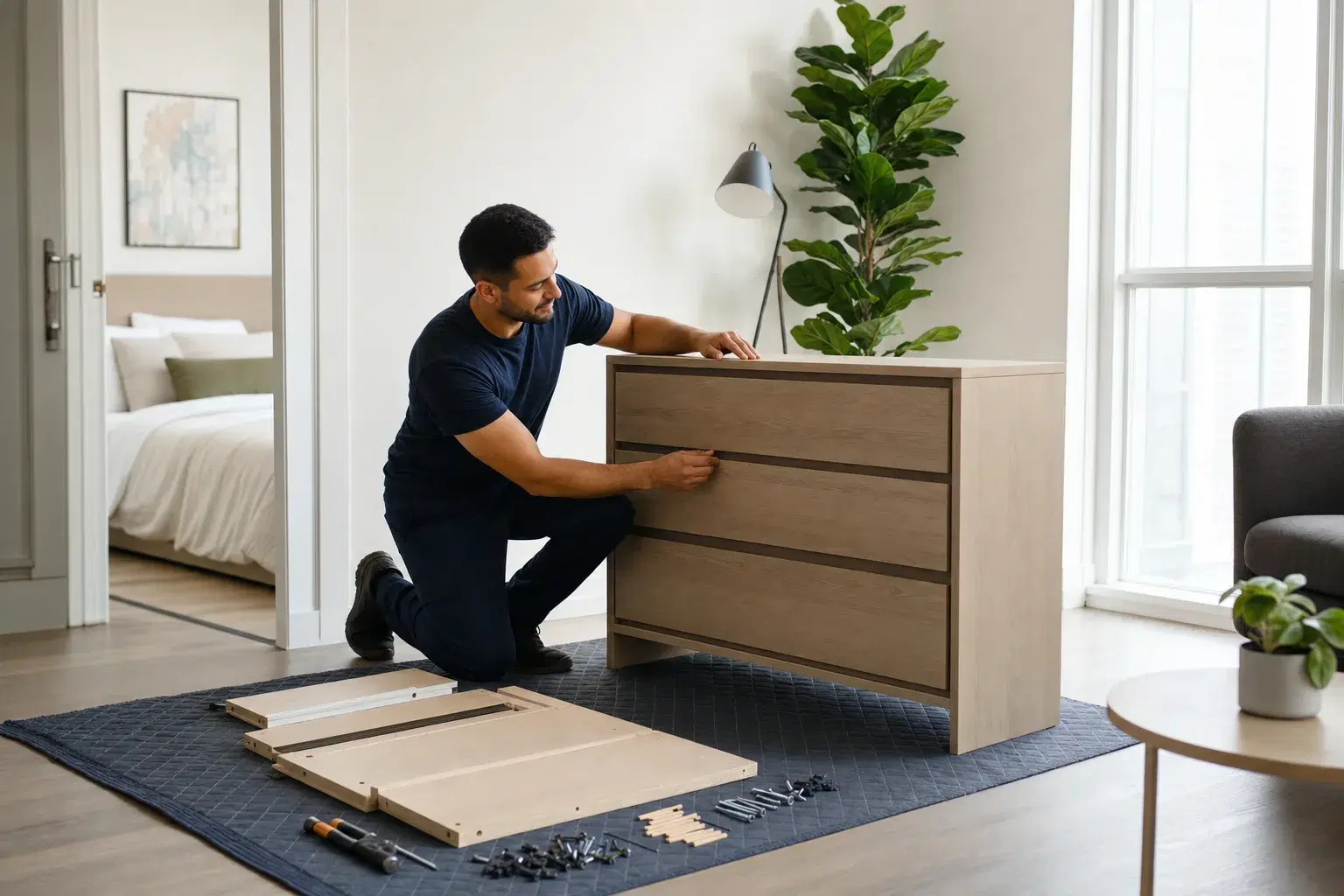 Technician aligning a newly assembled dresser in a bright Toronto condo