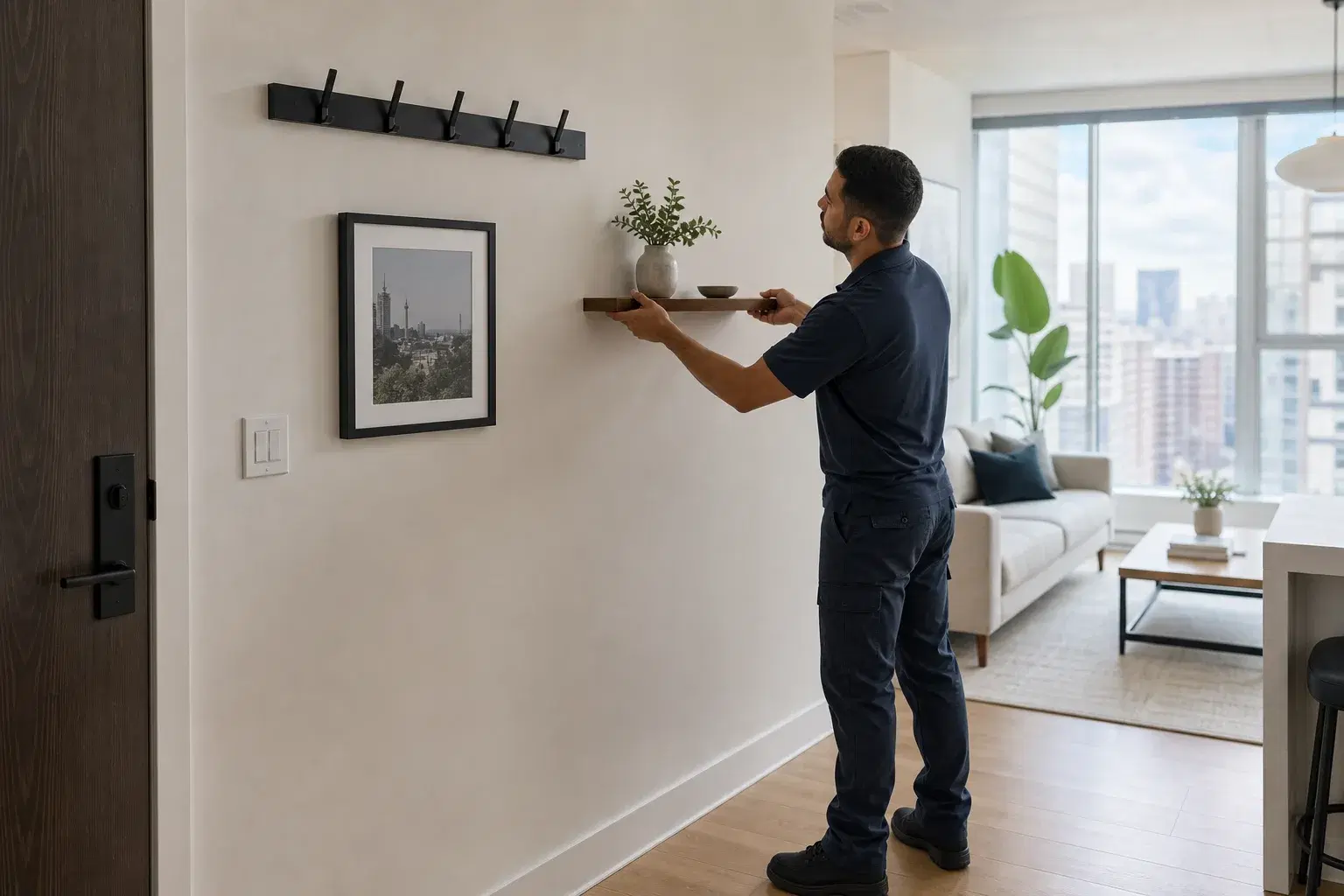 Technician aligning a floating shelf during a small handyman visit in a Toronto condo