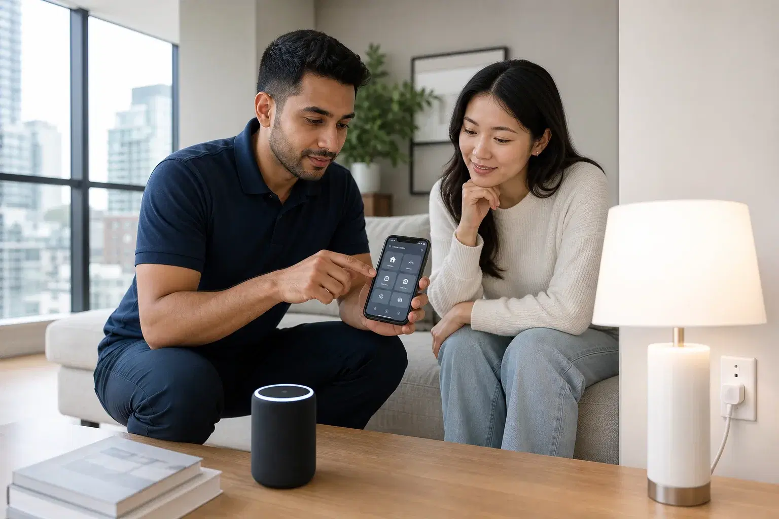 Technician showing a homeowner a smart-home app in a modern Toronto condo