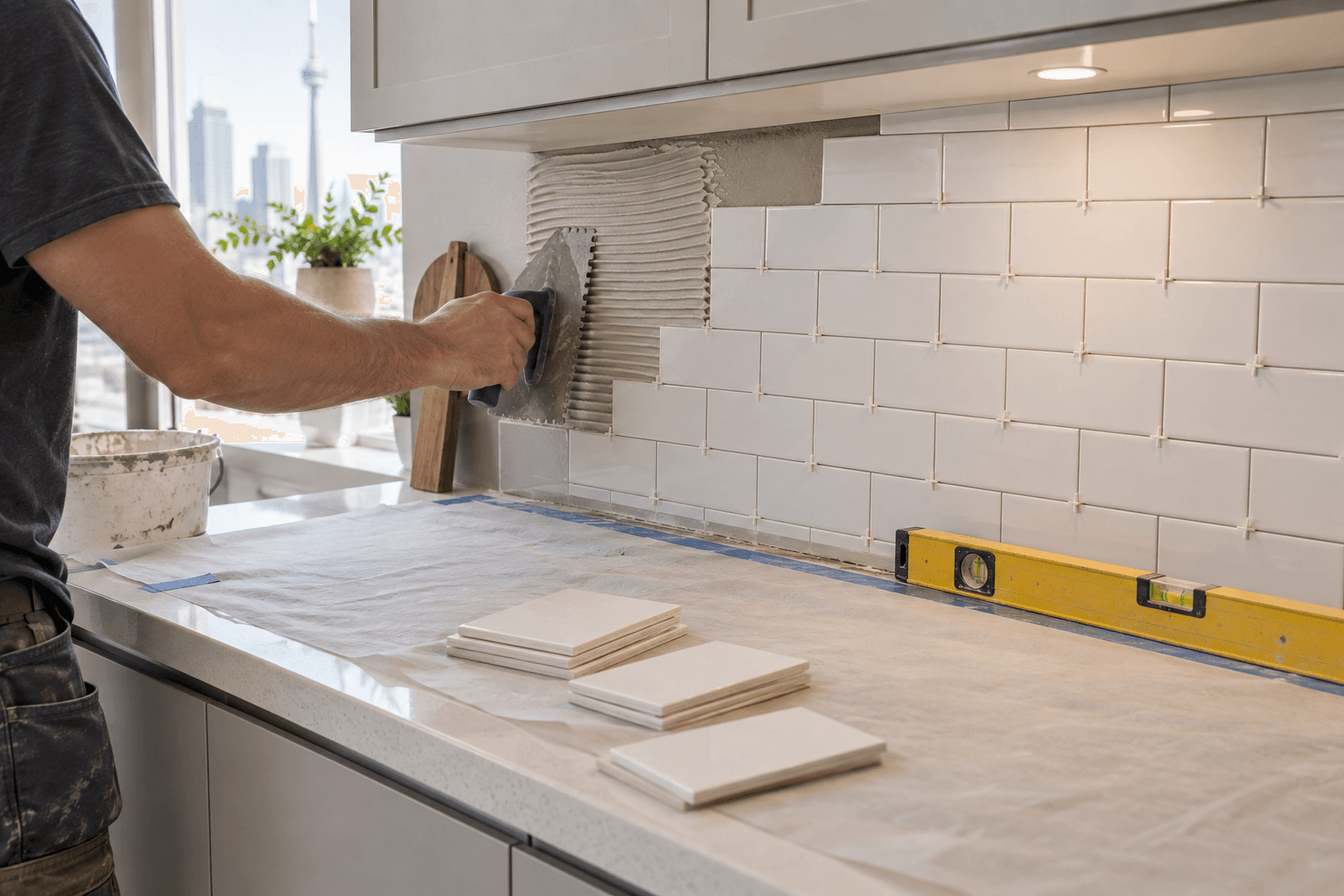 Installer setting white ceramic tile on a kitchen backsplash in a Toronto condo