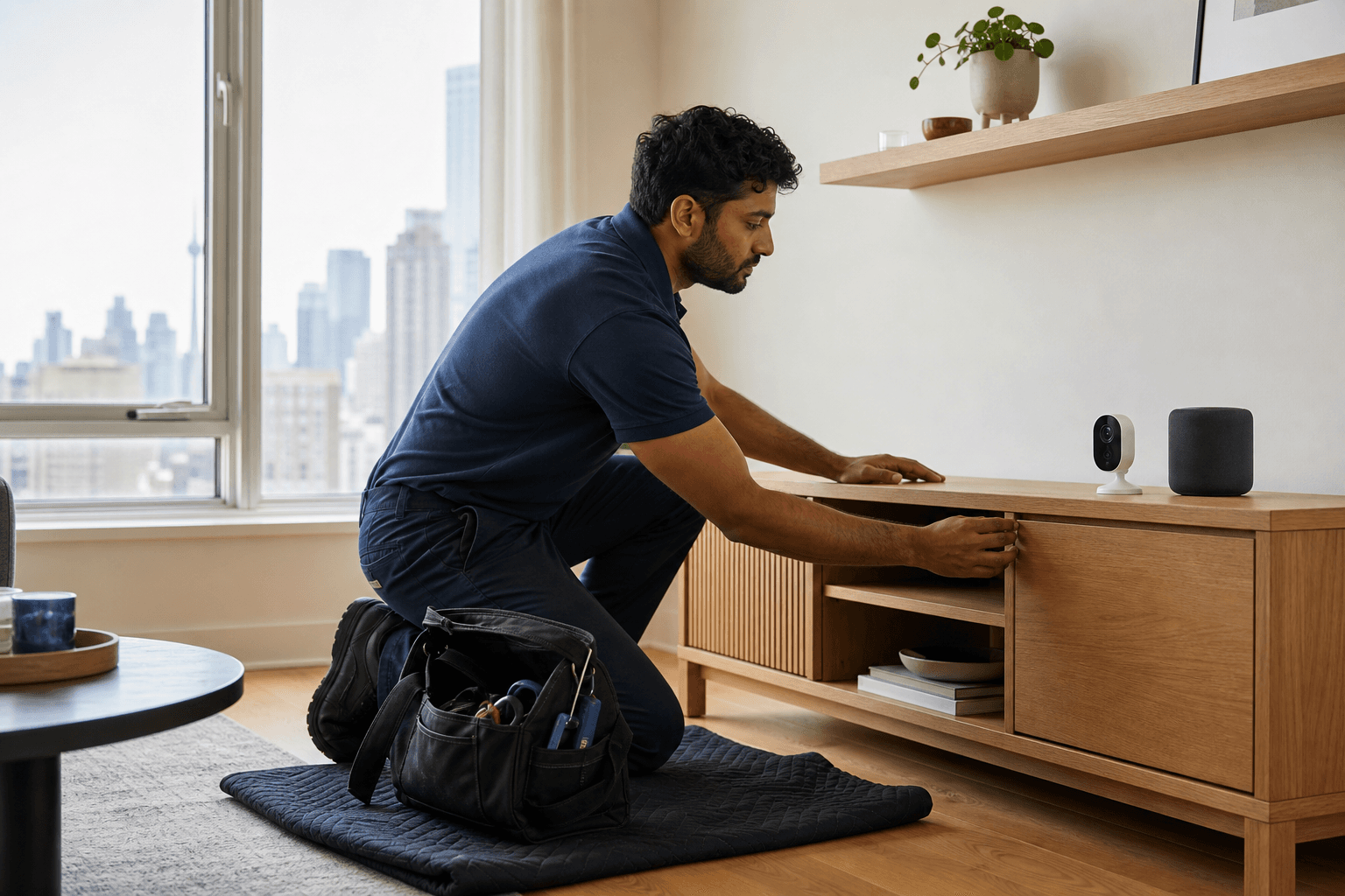 Illustrative Toronto condo setup scene with a technician checking furniture